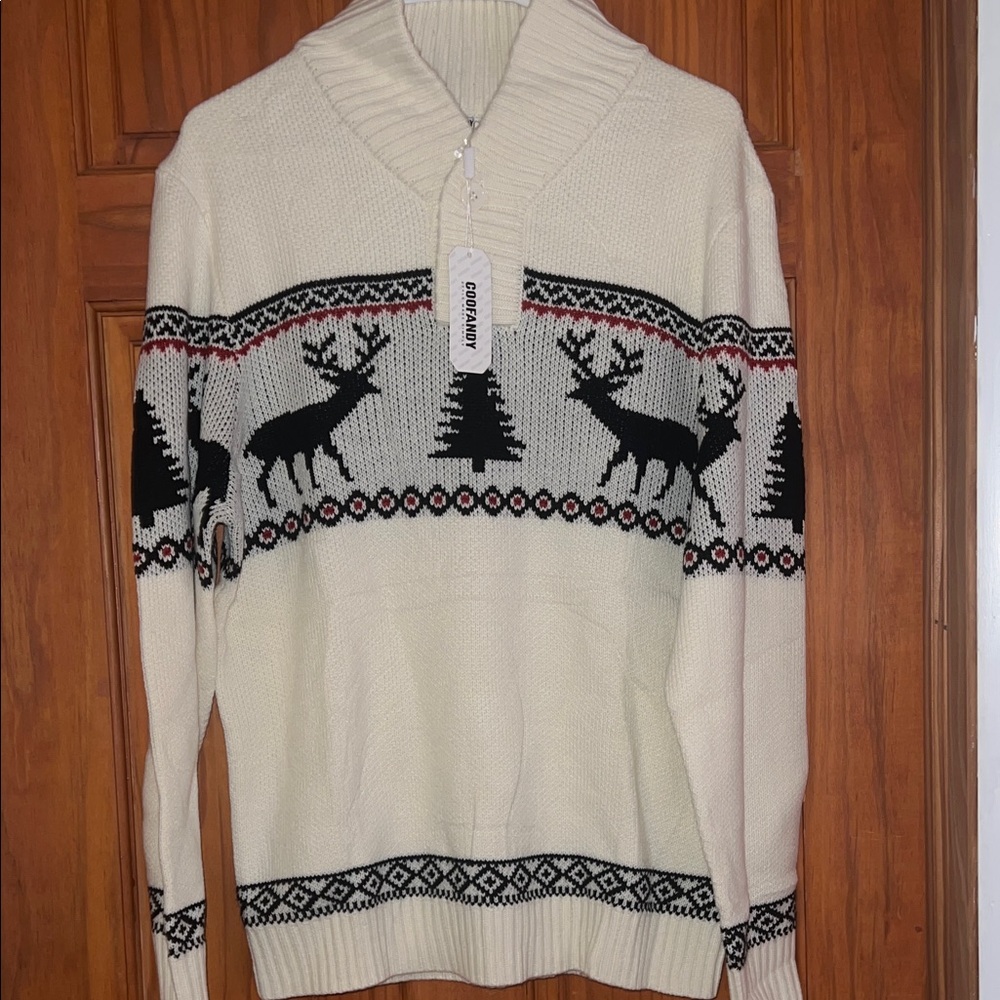 Cream Turtleneck Sweater with Black and Red Deer Pattern